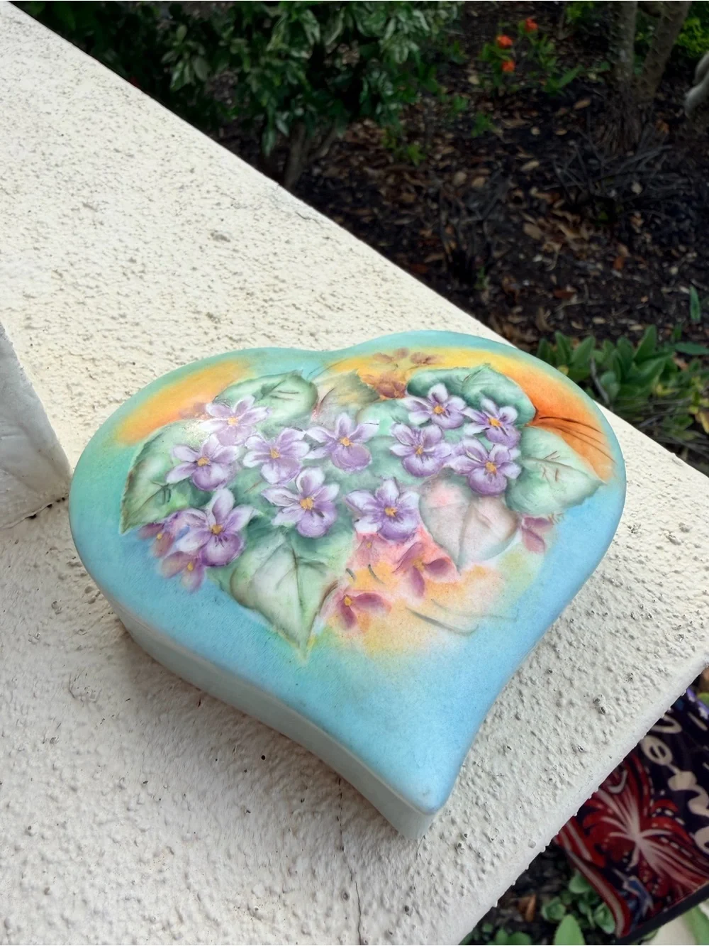 Vintage Hand Painted Porcelain Heart Trinket Box Purple Violets Floral Aqua
